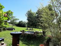 een tuin met een picknicktafel en stoelen in het gras bij La Parenthèse à Etrigny in Étrigny