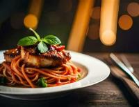 马太The Pointe Taveuni的一盘意大利面和肉，上面放着一片绿叶