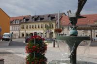 a fountain in the middle of a town with flowers at Hotel Arcus in Elsterwerda