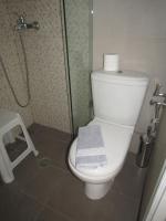 a bathroom with a white toilet and a shower at Theofanis Studios in Agia Anna Naxos