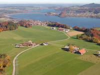 an aerial view of a large green field with a lake at Baby- und Kinderhof Aicherbauer in Seeham