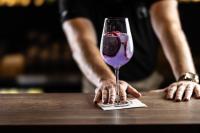 una persona sosteniendo una copa de vino sobre una mesa en G&T Square Apartments, en Liptovský Mikuláš