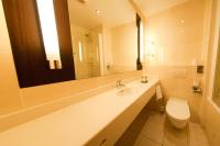 a bathroom with a sink and a toilet and a mirror at White Sands Hotel in Portmarnock