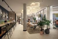 un rendering di un ristorante con tavoli e sedie di ScanHotels Stadthafen a Rostock