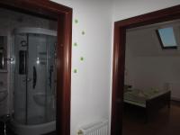 a bathroom with a shower and a mirror with green leaves on the wall at Smještaj Slavonija in Daruvar