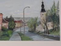 a painting of a street with a clock tower at Smještaj Slavonija in Daruvar