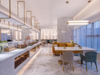 een eetkamer met een tafel en stoelen en een keuken bij Orange Chengdu Jinniu Wanda Hotel in Chengdu