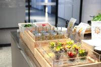 Una exhibición de verduras en recipientes de vidrio sobre una mesa. en Atour Light Hotel Shanghai Minhang Jingxi Road, en Shanghái