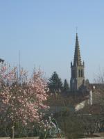 a church with a steeple and a tree with pink flowers at Chambres d&#39;Hôtes Bienvenue in LʼAbsie