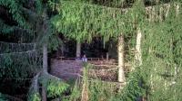 two people sitting on a bridge in a forest at Cabane entre terre et ciel in Saint-Nicolas-la-Chapelle