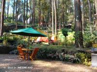 een tafel en stoelen met een parasol in het bos bij The Nest Park in Prigen