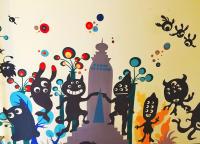 a wall mural of cats dancing in front of a lighthouse at Camellia B&amp;B in Taitung City