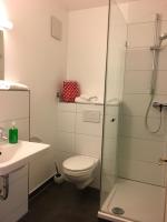 a bathroom with a toilet and a glass shower at Hotel Bergbauer in Neuburg an der Donau