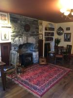 Plas Yn Dre في بالا: غرفة معيشة مع مدفأة حجرية وسجادة حمراء