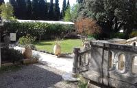 un jardin avec trois vases plantés d&#39;arbres dans l&#39;établissement Logis Hôtel Résidence Les Cèdres, à Villeneuve-lès-Avignon