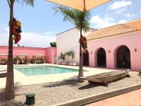 una piscina frente a un edificio rosa con un barco al lado en Hotel Doña Manuela, en Mompox