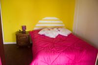 1 dormitorio con cama rosa y pared amarilla en Gites de la falaise, en Le Tampon