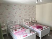 two twin beds in a room with pink wallpaper at Fewo Ramin in Felchow