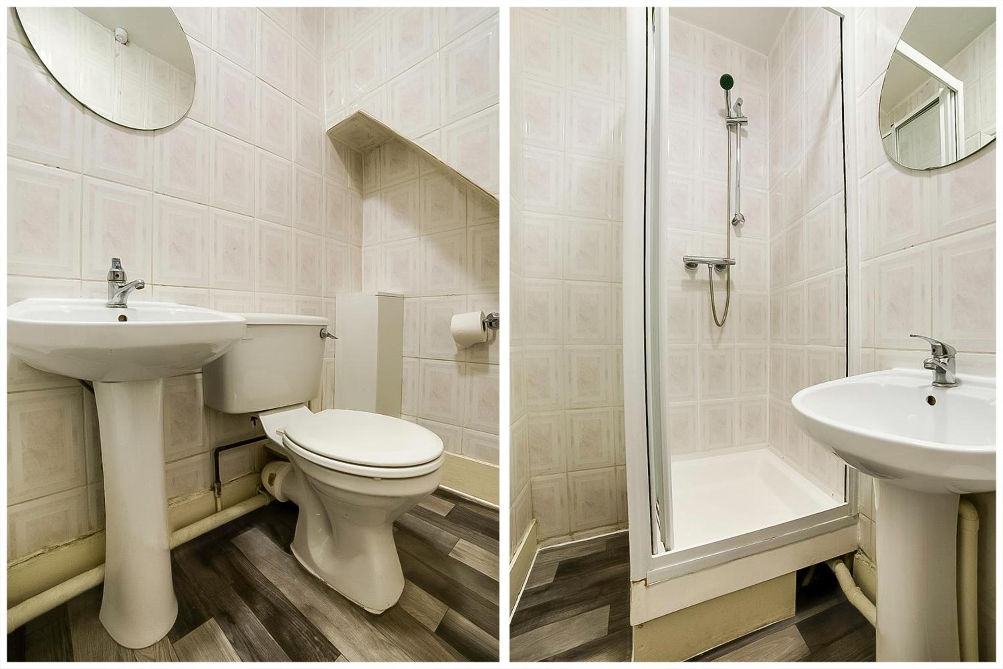 two pictures of a bathroom with a toilet and a sink at Stratford Hotel in London +45 photos