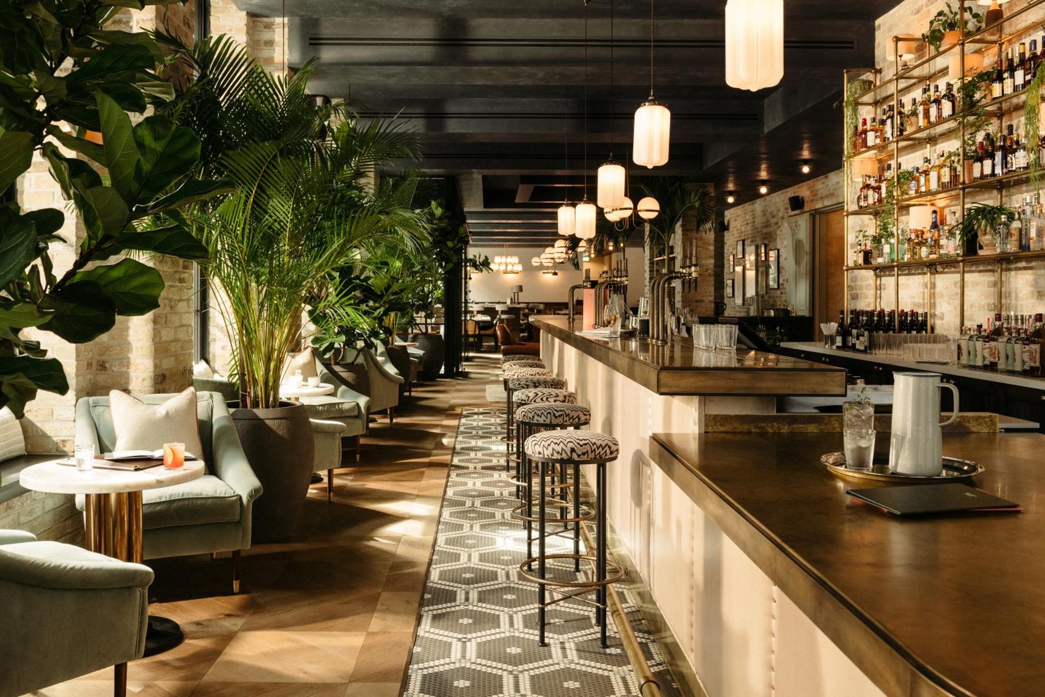 a bar with a row of bar stools and plants at The Hoxton, Southwark in London +37 photos