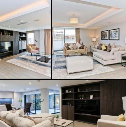 four different views of a living room with furniture at Buckingham Palace Residences by Aeria Apartments in London