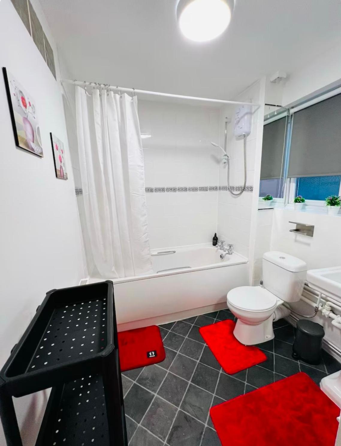 a bathroom with a toilet and a tub and a sink at Thematic London Apartment in Holloway in London