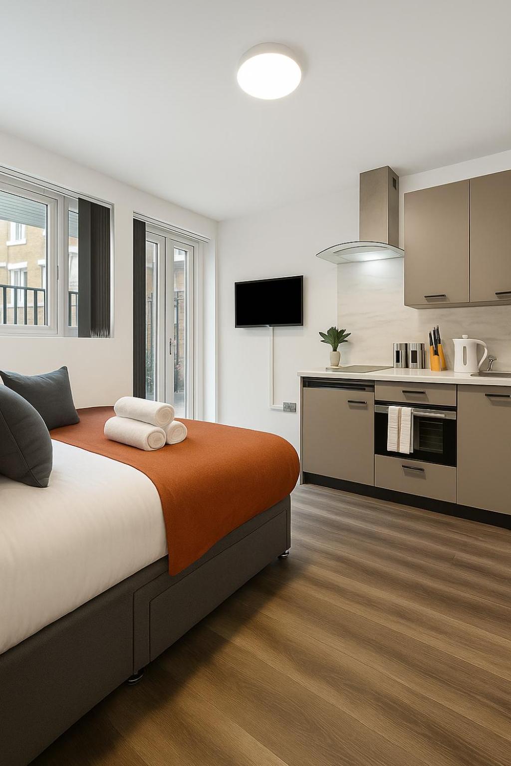 a bedroom with a large bed and a kitchen at The Little Venice Studios in London