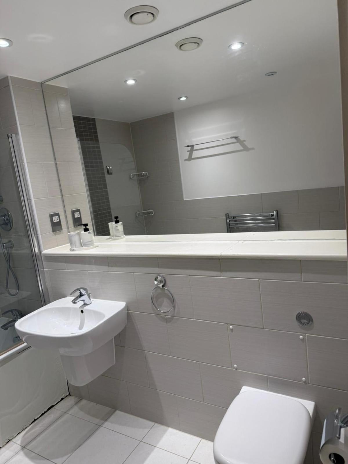 a bathroom with a sink and a toilet and a mirror at Spacious Flat Between Stockwell & Brixton in London