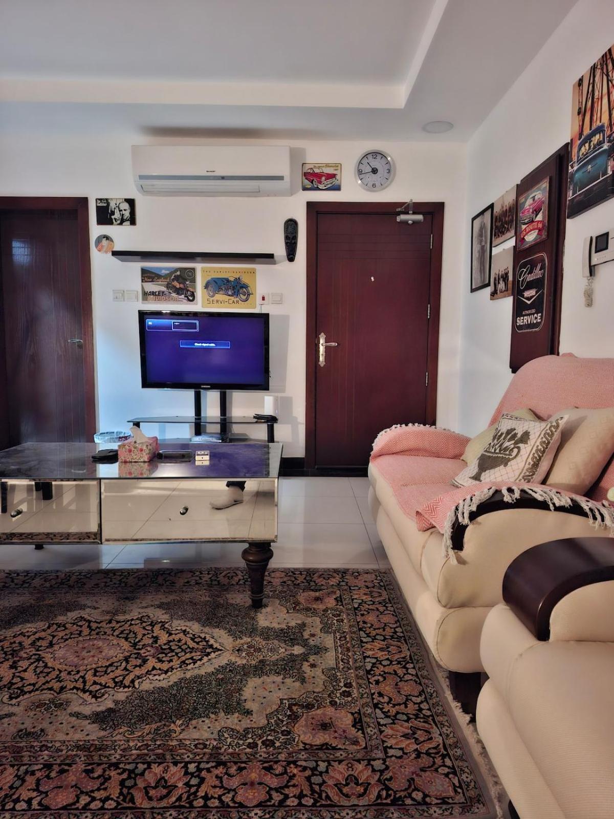 a living room with a couch and a tv at Cozy rustic el carro Apartment in Umm ash Shajar