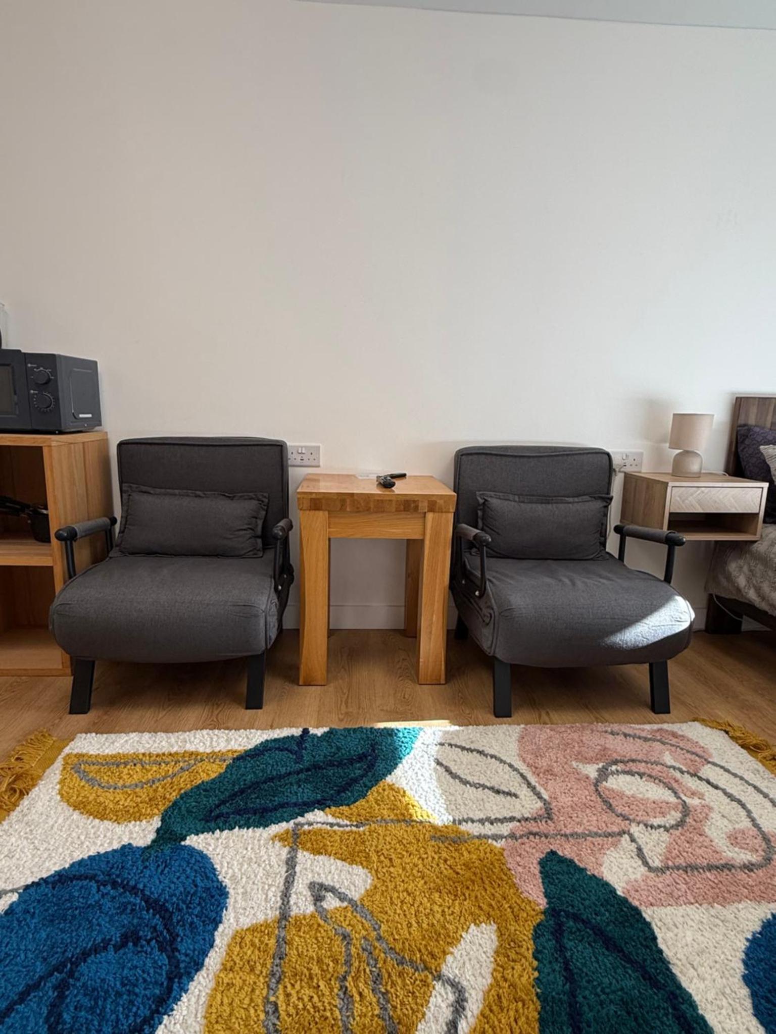 a living room with two chairs and a rug at Modern East London Apartment with Private Studio & Guest Rooms-Near Bow, Victoria Park in London