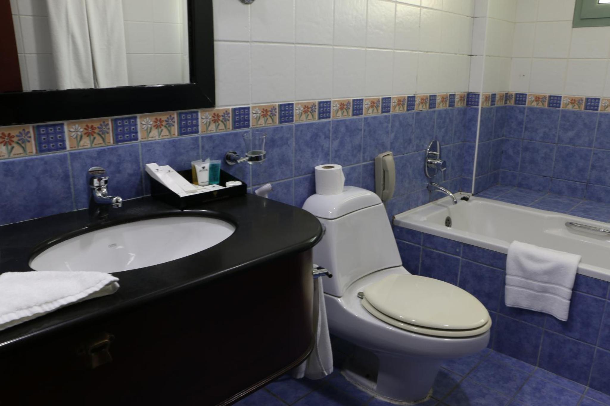 a bathroom with a toilet and a sink and a tub at Pars International Hotel in Manama +39 photos