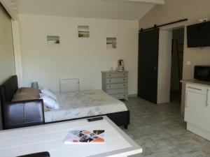 a bedroom with a bed and a tv and a table at Le Domaine d'Azae in Gujan-Mestras