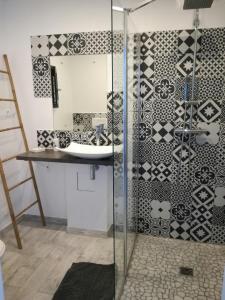 a bathroom with a glass shower and a sink at Le Domaine d'Azae in Gujan-Mestras
