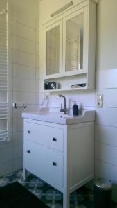 a bathroom with a sink and a mirror at Ferienhaus Lilli in Pruchten