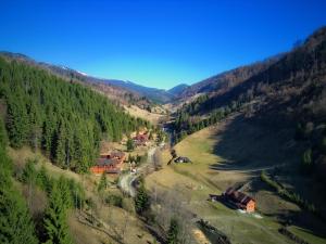 - une vue aérienne sur un village situé dans une vallée montagneuse dans l'établissement Cabana Ancutei, à Rucăr