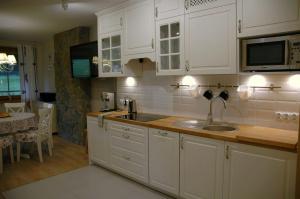 ザコパネにあるViva Maria Residenceの白いキャビネットとシンク付きのキッチン