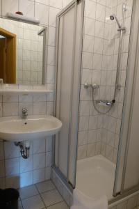 ein Bad mit einem Waschbecken und einer Dusche in der Unterkunft Blaue Traube in Gebenbach