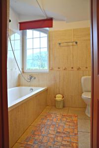 a bathroom with a tub and a toilet and a window at Willa Kamieniec in Polańczyk