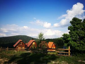 a group of houses on a hill with a fence at Lodge Nagramak in Sekulić 