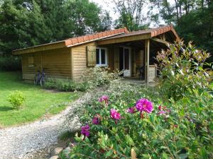 a small wooden cabin with flowers in front of it at Chalets du pontot in Le Fay