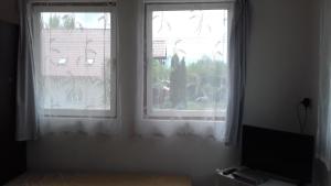 バラトンフェニヴェシュにあるApartmanhaz Balatonfenyvesのリビングルーム(窓2つ、テレビ付)