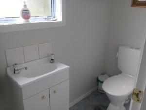 a bathroom with a toilet and a sink and a window at Harbour Lights Hideaway in Whitianga