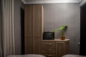 - une chambre avec une télévision assise sur une commode à côté d'une porte dans l'établissement GNG Guest House, à Telavi