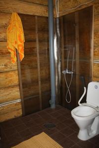 uma casa de banho com um WC e um chuveiro em Jaama Puhkemaja em Raigastvere