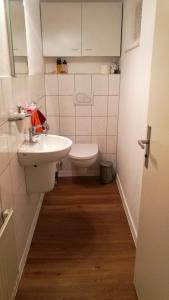 a small bathroom with a sink and a toilet at Ferienwohnung Adelsberg in Alpirsbach
