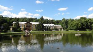 a large lake with ducks in front of a building at Apartament Parkowy in Nałęczów
