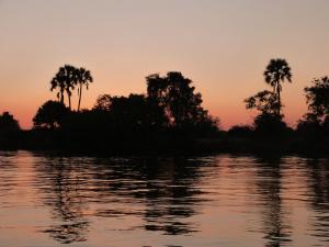 una puesta de sol sobre un cuerpo de agua con palmeras en Kayube Zambezi River House en Livingstone