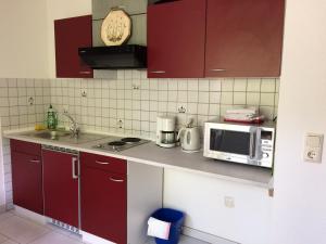 eine Küche mit roten Schränken und einer Mikrowelle in der Unterkunft Appartement Rosengarten in Wachtberg