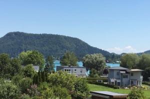 a group of houses in a field with a mountain at Charmantes Apartment am Faaker See in Faak am See