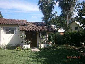 a white house with a palm tree in the yard at Kitnet Penedo in Penedo